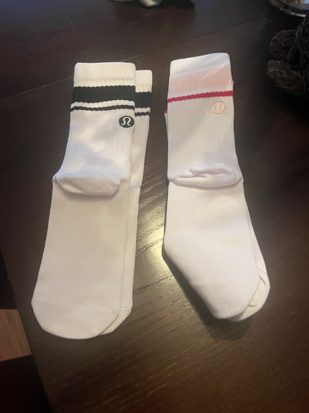 NWOT lululemon athletica White Crew Socks with Black and Pink Accents